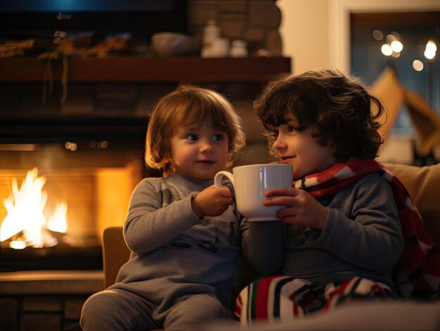 Two children enjoying cocoa in front of a fire